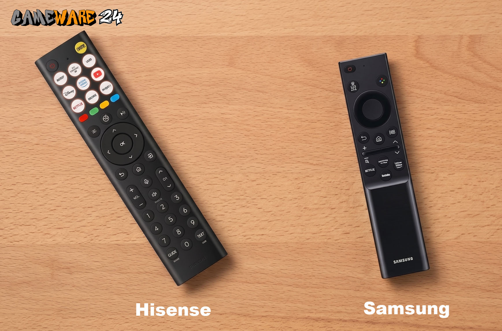 Link: Die Hisense 50E6DS Fernbedienung - Rechts: Die Samsung Smart Remote