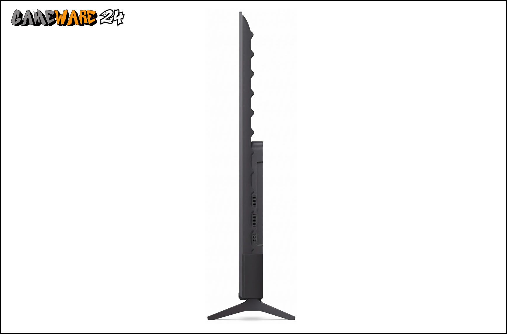 Die Seitenansicht zeigt das besonders schlanke Profil des LG QNED Mini LED Fernsehers mit flachem Bildschirmrahmen. Das leicht hervorstehende Technikmodul und der schmale Standfuß unterstreichen das moderne Design.