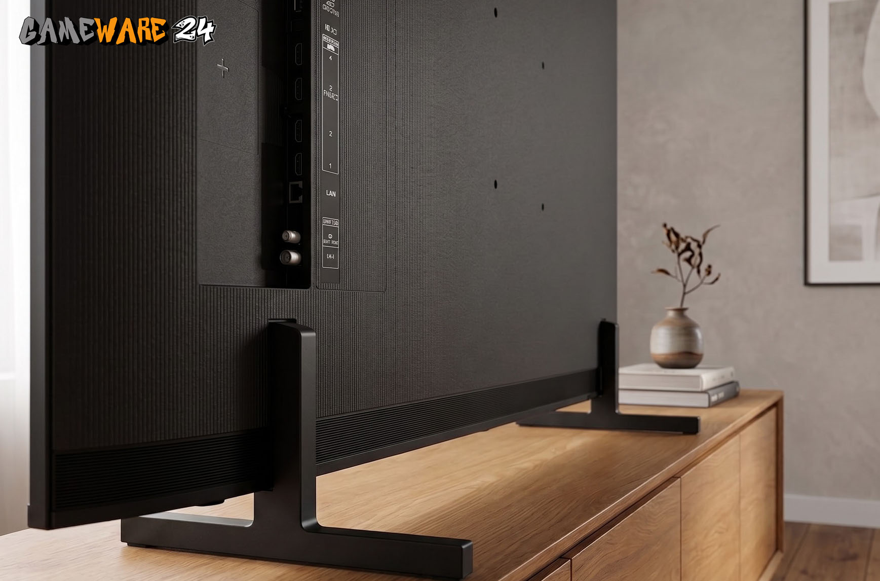 Blick auf das Anschlusspanel: Der Samsung GQ85QN80H bietet auf der aufgeräumten Rückseite alle wichtigen Eingänge, darunter mehrere HDMI-Ports, LAN und Antennenanschlüsse, die für ein leichtes Kabelmanagement seitlich ausgerichtet sind.