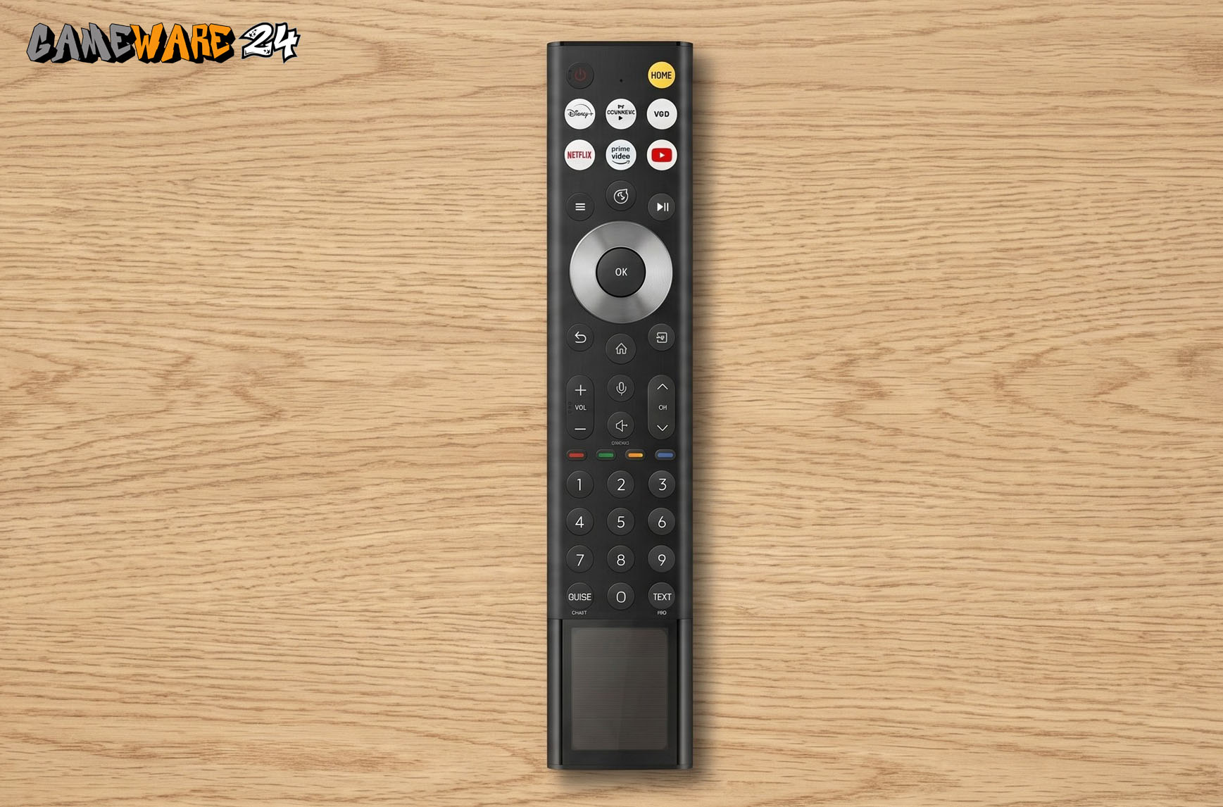 Die ergonomische Fernbedienung bietet neben einem übersichtlichen Tastenlayout auch praktische Direktwahltasten für beliebte Streaming-Dienste und verfügt über ein umweltfreundliches Solarpanel an der Unterseite.