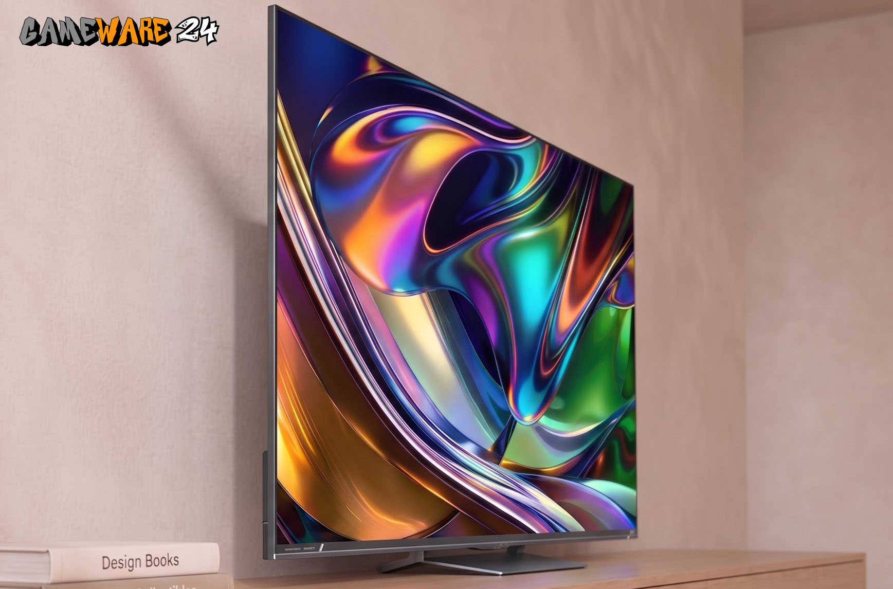 Die Seitenansicht verdeutlicht die geringe Bautiefe des Fernsehers und gibt einen Eindruck von der guten Blickwinkelstabilität des Panels im modernen Wohnambiente.