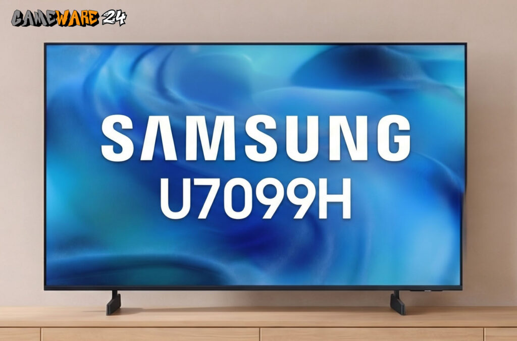 Schlichte Eleganz im Wohnzimmer: Der Samsung GU65U7099H überzeugt in der Frontansicht mit schmalen Rändern und dezenten Standfüßen